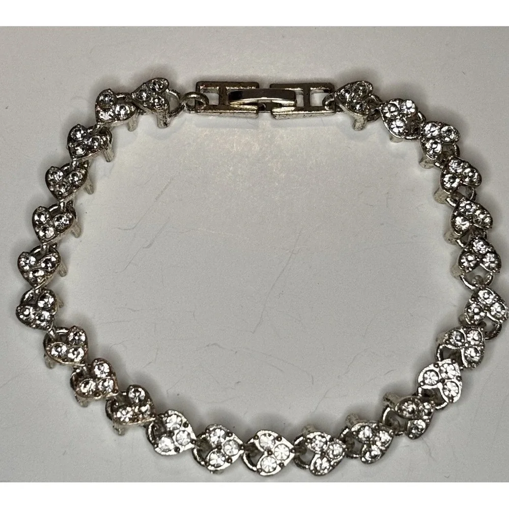 Vintage Tennis Bracelet Heart Link  Clear Rhinestone 6.75